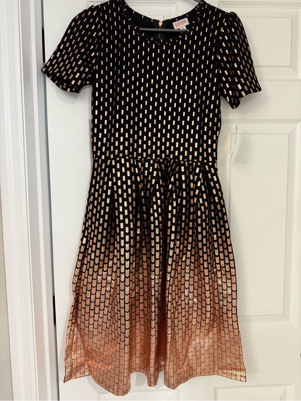 Lularoe Amelia - elegant Black Midi Dress with Rose Gold Metallic Pattern